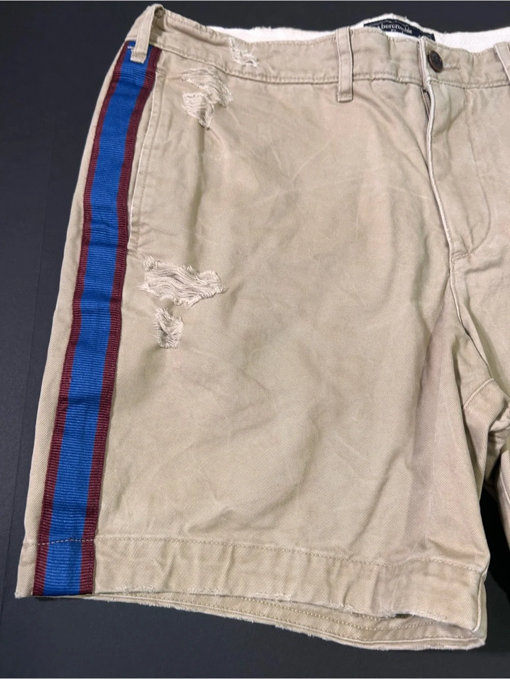 Abercrombie & Fitch Khaki Shorts with Blue and Red Side Stripes